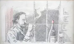 Portait de Simon Liberati by Pierre Le-Tan, Plume et crayon de couleur rouge Signé en bas "Pierre" et dédicacé, sold Nov 2022