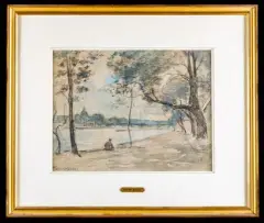 Promeneur assis sur les quais, au loin le pont des Arts, Paris by Frank-Will, Aquarelle, gouache et fusain sur papier, sold Jun 2022