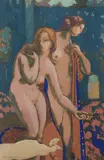 Nus féminins au paon bleu et au paon blanc by François Quelvée, Pastel et gouache sur papier, sold May 2022