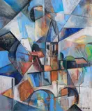 Village cubisant au pont by Daniel Mena, Toile signée en bas à droite et datée (20)05, sold May 2022