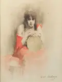 La joueuse de tambourin assise by Louis Deschamps, 1873, Aquarelle sur papier Signée en bas à droite et datée, sold May 2022