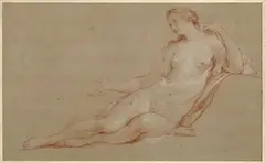 Étude pour Vénus dans Le Réveil de Vénus by Charles-Joseph Natoire, 1741, Sanguine et rehauts de craie blanche sur papier chamois, sold Mar 2026