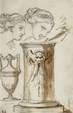 Étude de socle, vase et de deux têtes de femmes à l'antique by Augustin Pajou, Plume et encre noire, et lavis brun sur traits de crayon noir, sold Mar 2026