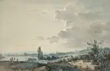 Paysage d'étang avec ruines animées by Louis-Gabriel Moreau, Aquarelle gouachée, sold Mar 2026