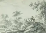 Personnages dans un paysage boisé by Jean-Baptiste Pillement, Crayon noir, estompe et rehauts de plume et encre brune, sold Apr 2026
