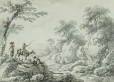 Berger et troupeau dans un paysage boisé by Jean-Baptiste Pillement, Crayon noir, estompe et rehauts de plume et encre brune, sold Apr 2026