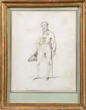Portrait d'homme en pied debout, le bicorne à la main et l'épée au coté by Jean-Baptiste Isabey, Crayon noir, plume et encre brune, annotations et signée en bas à droite, sold Apr 2026