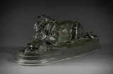 Lionne dévorant une antilope by Antoine-Louis Barye, Épreuve en bronze à patine verte Fonte posthume signée et marquée F, sold Apr 2026