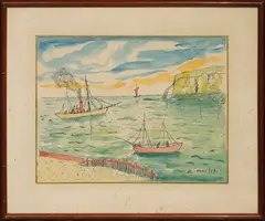 Voiliers et bateau mixte devant l'aiguille creuse, Etretat by Élisée Maclet, Gouache, aquarelle et encre sur papier, sold Dec 2024