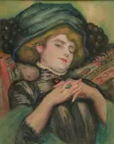 Portrait femme réveuse au grand chapeau by Pierre-Georges Jeanniot, 1910, Aquarelle sur papier, sold Dec 2024