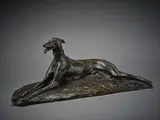 Lévrier couché by Maximilien Louis Fiot, Epreuve en bronze à patine brune signée sur la terrasse, sold Nov 2024