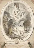 Allégorie en l'honneur de feue Madame la Dauphine, Marie-Josèphe de Saxe (1731-1767), placée dans un ovale architecturé, avec un cartouche de dédicace «à Monsei by Jean-Jacques François I le Barbier, Plume et encre noire, lavis et aquarelle sur deux feuilles de papier (la seconde constitua, sold Apr 2025