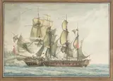 La Bayonnaise prenant à l'abordage la frégate anglaise l'Ambuscader by Pierre Ozanne, Plume et encre noire et brune, aquarelle, sold Mar 2025