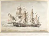 La Bayonnaise Corvette française prenant à l'abordage la frégate Anglaise l'Ambarcader by Antoine Ange Joseph Roux, Plume et encre noire, lavis noir, gris et brun, aquarelle, sold Mar 2025