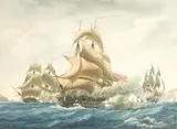 Navires anglais attaqués par des navires français by Antoine Ange Joseph Roux, Plume et encre noire et brune, aquarelle, sold Mar 2025