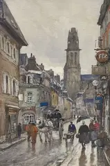 Rue de Douarnenez animée sous la pluie by Eugène Villon, 1929, Crayon, encre, lavis d'encre et aquarelle sur papier, sold Nov 2022