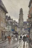 Rue de Douarnenez animée sous la pluie by Eugène Villon, 1929, Crayon, encre, lavis d'encre et aquarelle sur papier, sold Nov 2022