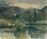 Barque sur un lac arboré by Dominique Mayet, 1979, Plume, encre noire, lavis d'encre et aquarelle sur papier, sold Nov 2022
