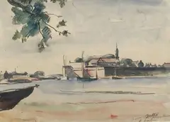 Ville portuaire by Maurice Asselin, Encre, lavis d'encre et aquarelle suer papier, sold Nov 2022