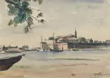 Ville portuaire by Maurice Asselin, Encre, lavis d'encre et aquarelle suer papier, sold Nov 2022
