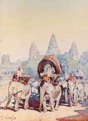 Parade à dos d'éléphants devant le temple d'Angkor by Marius Hubert-Robert, Aquarelle et rehauts de gouache sur papier encadrée, sold Oct 2022