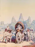 Parade à dos d'éléphants devant le temple d'Angkor by Marius Hubert-Robert, Aquarelle et rehauts de gouache sur papier encadrée, sold Oct 2022