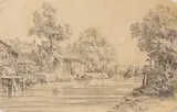 Canton, le canal de Honan by Auguste Borget, Crayon sur papier contrecollé sur une feuille cartonnée, sold May 2022
