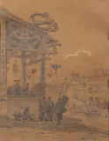 Hommes Qing réunis près d'un temple en bord de rivière by Auguste Borget, Crayon et rehauts de craie sur papier, sold May 2022