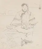 Portrait de Mme Kim assise dos à une baie maritime by Auguste Borget, Crayon sur papier, sold May 2022