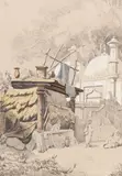 Scène animée devant une échoppe orientale by Auguste Borget, Crayon, encre, aquarelle et rehauts de gouache sur papier partiellement contrecollé sur un, sold May 2022
