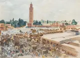Marrakech, la place Jemaa el-Fna by Franck Sloan, Encre et aquarelle sur papier, sold May 2022