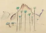 Paysage de montagne aux palmiers by Monique Cras, Crayon, encre et aquarelle sur papier contrecollé sur montage cartonné à passe-partout rab, sold May 2022