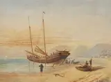 Scène de rade animée en Extrême-Orient by Arthur Gué, 1874, Encre, aquarelle et rehauts de gouache sur papier contrecollé sur carton, sold May 2022
