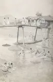 Corée, les lavandières sous le pont by Joseph de La Nézière, Encre, lavis et rehauts de gouache sur papier encadrée, sold May 2022