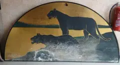 Sans titre by André Adam, 1932, Panneau décoratif de forme demi-lune à décor de tigres Laque et technique mixte Signé en b, sold Jun 2026