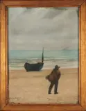 Pêcheur et barque sur le rivage by Pierre Carrier-Belleuse, 1891, Aquarelle et gouache, sold Jun 2024