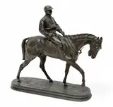 Le jockey se rendant au départ by Pierre-Jules Mêne, Bronze à patine brune Signé Mène sur la terrasse, sold Apr 2026