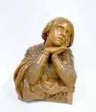 Buste de Jeanne d'Arc en armure, pensive, accoudée à une rambarde by Charles Masse, Terre cuite patinée Signé sur le côté et cachet "terre cuite de France" au dos, sold Apr 2026