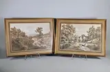 Pont sur la rivière neuve (environ de Toulon)" et "Moulin du petit Bissinar by Édouard Hostein, Encre, aquarelle et gouache sur papiers situés en bas à gauche, un signé en bas à droite, sold Jul 2025