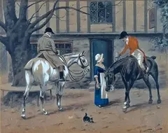 La halte des chasseurs by George Wright, Gravure rehaussée à la gouache signée en bas à droite, sold Jul 2025