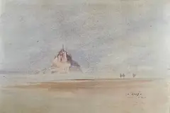 Brume, Le mont" (Saint-Michel) by Pierre Brette, Aquarelle signée et titrée en bas à droite, sold Jul 2025