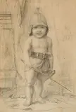 Étude pour Enfant casqué gardant un trésor by Ozias Leduc, charcoal on paper, sold Nov 2025