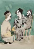 Tavern Conversation by Maxwell Bennett Bates, 1974, watercolour on paper, sold Nov 2025
