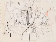 Figures by Ivan Eyre, graphite and coloured pencil on paper, sold Nov 2025