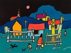 Sprit Houses, Champagne by Ted Harrison, 1973, acrylic on canvas board, sold Nov 2025