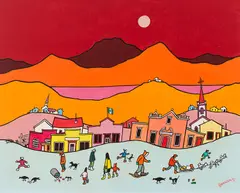 The Angry Raven by Ted Harrison, 1972, acrylic on canvas board, sold Nov 2025