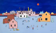Yukon Winter Scene by Ted Harrison, 1969, acrylic on board, sold Nov 2025