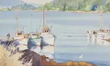 Fishing Trawlers at Anchor by Walter J. Phillips, 1953, watercolour on paper, sold Nov 2025