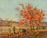 Gathering Pumpkins by Berthe des Clayes, oil on canvas, sold Nov 2025