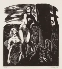 Two Figures by Edwin Holgate, 1955, woodcut on paper, sold Nov 2025